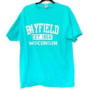 Bayfield Wisconsin EST 1856 Blue Short Sleeve Cotton Shirt Top Size Large